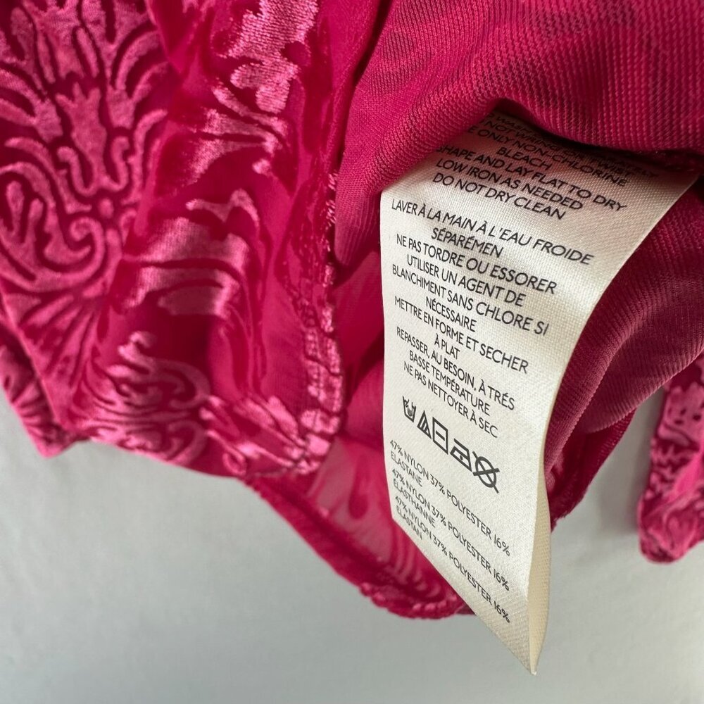 By Anthropologie Velvet Burnout Top S Lace Up Back Ruffle Mock Neck Damask Pink - Picture 11 of 16